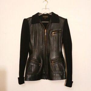Donna Karan New York 90s Vintage Black Leather Sweater Jacket, Size 6